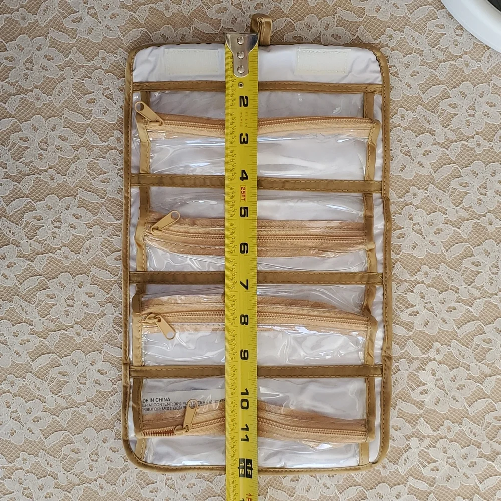 Gold Makeup or Jewelry travel bag. Hanging loop, 4 zipper compartments NWOT